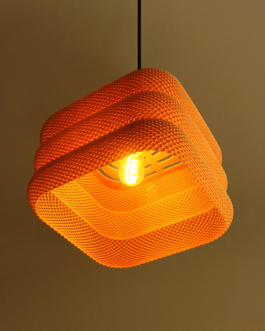 3D printed cube lampshade in modern living room, lit, geometric pendant light by Printique Decor
