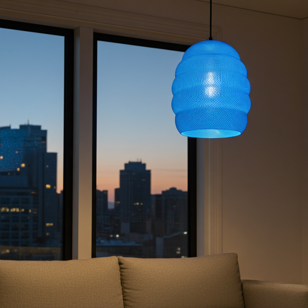 Blue pendant light hanging in a room with cityscape view