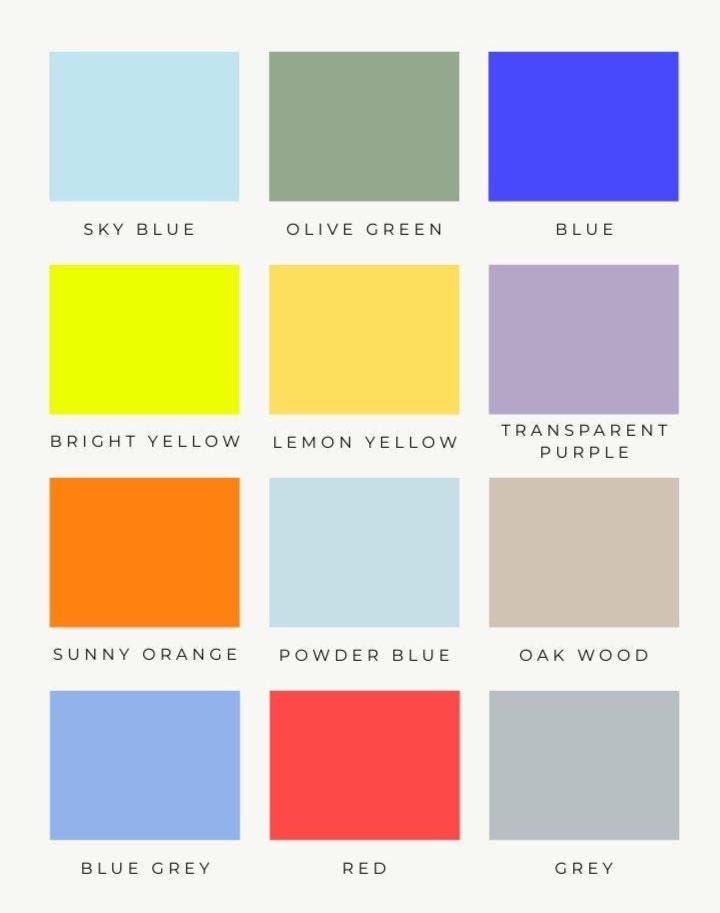 Color swatches labeled with names such as Sky Blue, Olive Green, Blue, Bright Yellow, Lemon Yellow, Transparent Purple, Sunny Orange, Powder Blue, Oak Wood, Blue Grey, Red, and Grey.