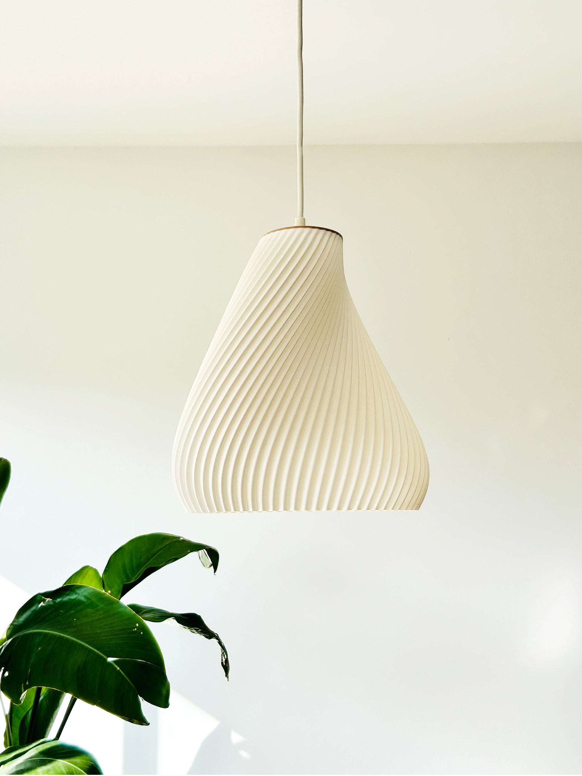 White textured pendant light hanging against a white wall with a plant in the foreground.