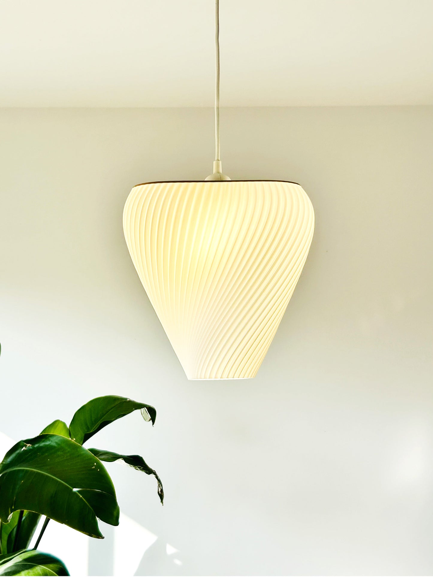 Textured pendant light hanging against a white wall with a plant in the foreground