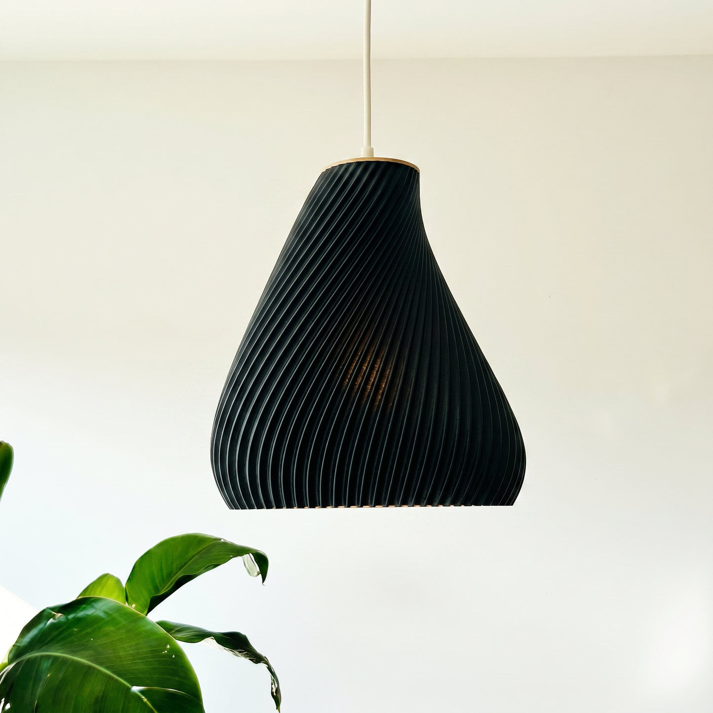 Black pendant lamp hanging against a light background with a plant in the corner.